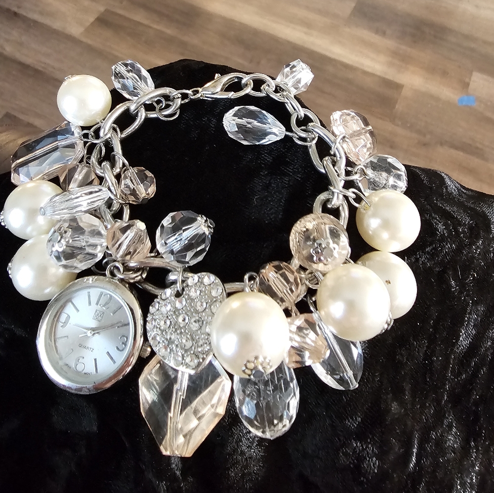 Ladies Silver Charm Bracelet with watch. Extender to add length